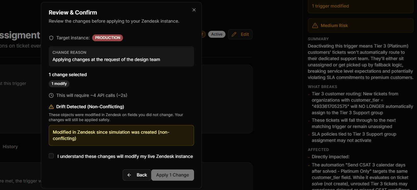 Configly Apply Changes confirmation dialog showing change summary, production indicator, and consent checkbox before pushing to Zendesk