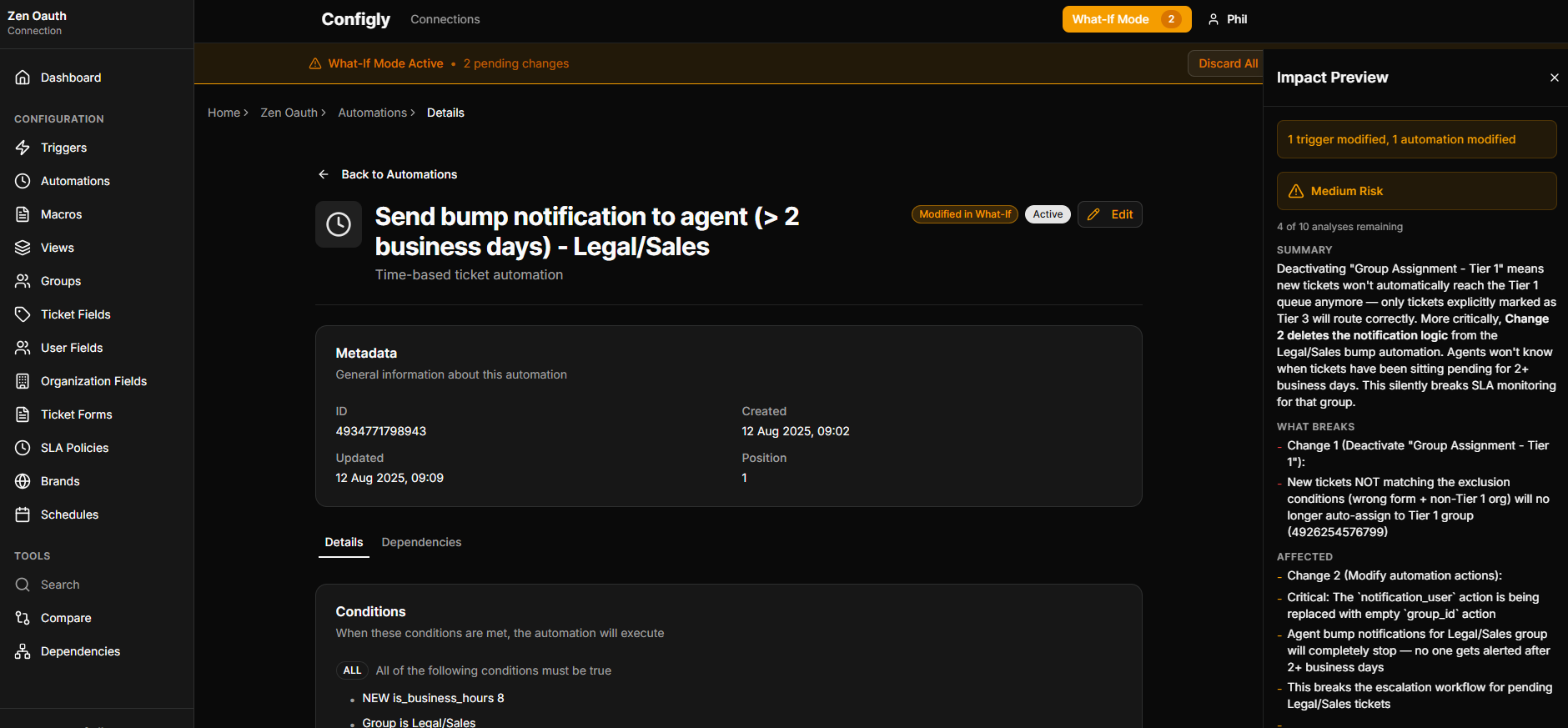 Configly What-If Simulation showing AI-powered impact analysis of Zendesk automation changes