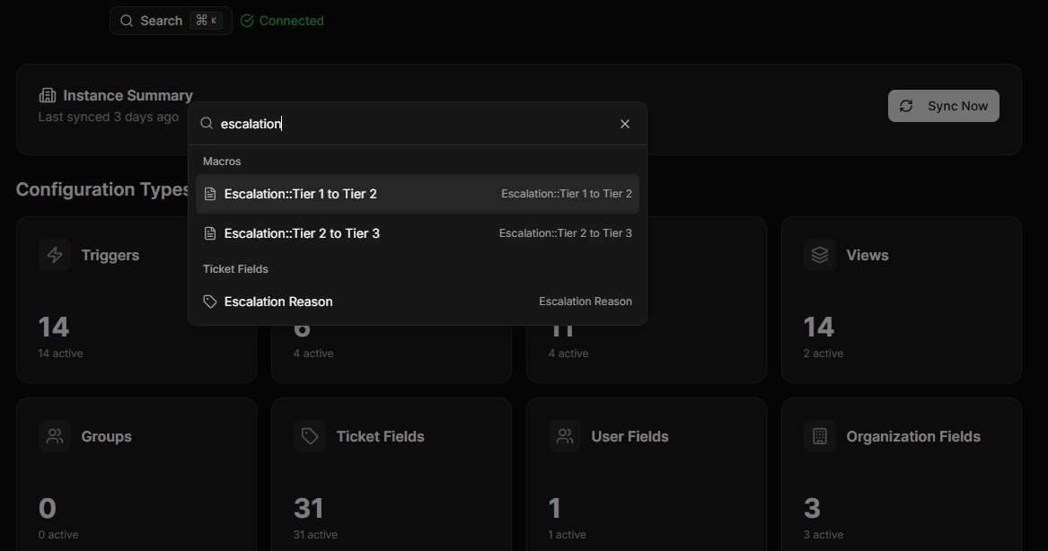 Configly Global Search returning results across macros and ticket fields for escalation query